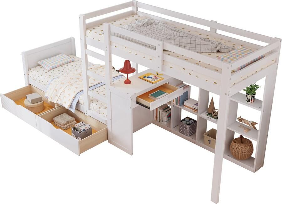 Merax Stapelbed voor Kinderen met Schuifladder Bureau Open Opbergvakken en Schuifladen – Wit Hout en MDF (90x200 cm)