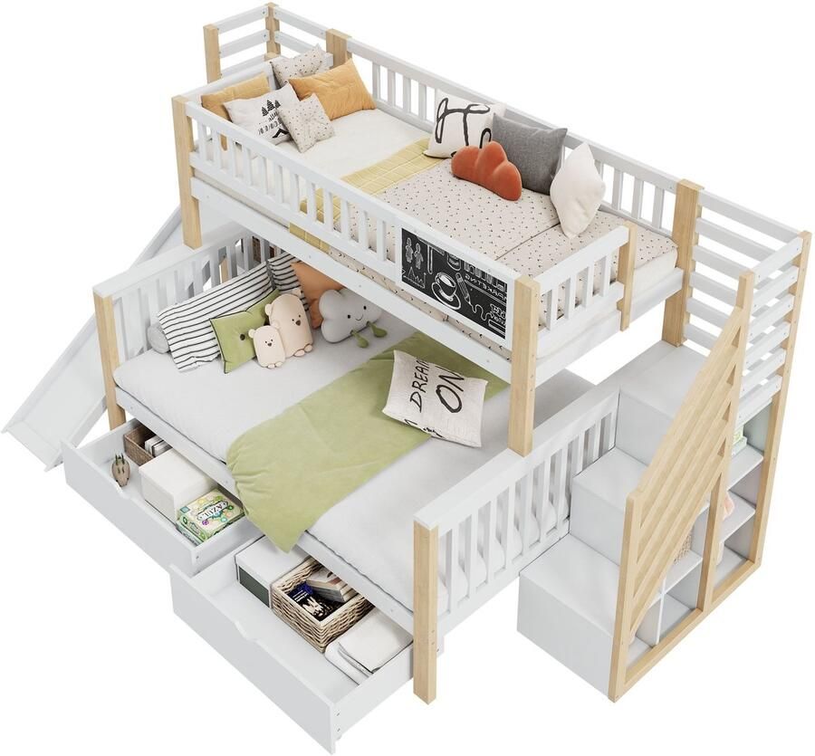 Merax Bed in Huisvorm Kinder Stapelbed met Trap en Opbergruimte Inclusief Rutsche en Kleine Schoolbord Tafel Houten Bed 140x200 cm & 90x200 cm Wit