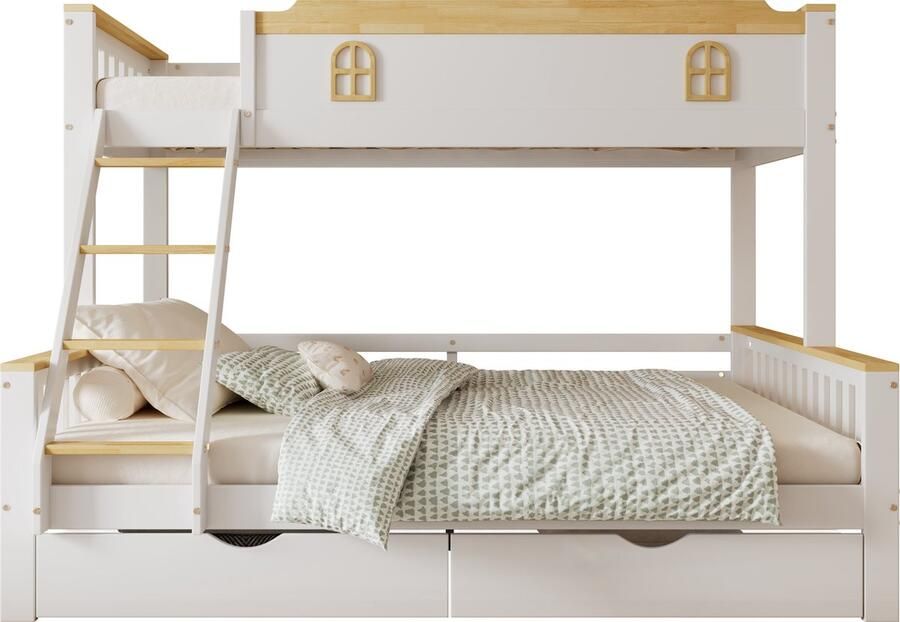 Merax Stapelbed voor Kinderen met Veiligheidsomheining Ramen Vierstaps Schuine Ladder en Lade-opslag – Wit + Natuurlijk Hout 90x200cm & 140x200cm