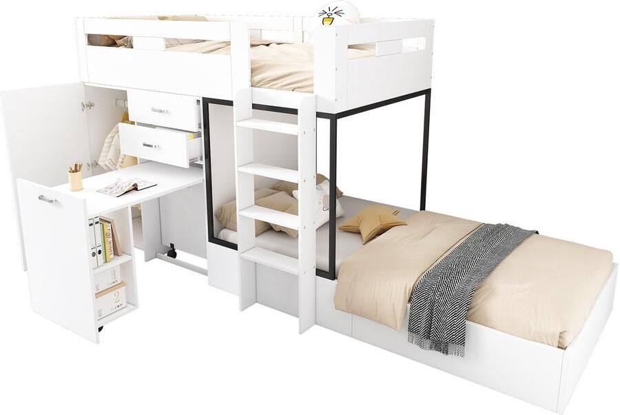 Merax Stapelbed voor Kinderen Multifunctioneel Bed met Uitschuifbaar Bureau Garderobe Laden & Planken Veiligheidshek & Ladder MDF Wit 90x200 cm