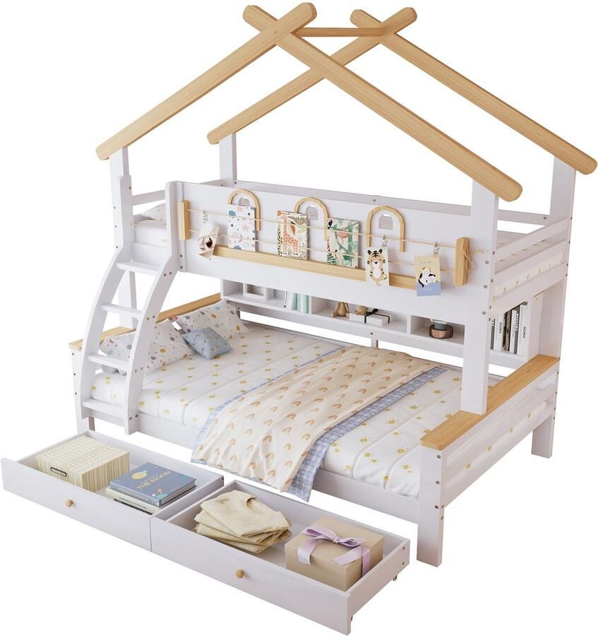 Merax Stapelbed voor Kinderen Twee Laden op Wielen Decoratief Dakontwerp Viertraps Schuine Trap Hout + MDF Wit + Naturel 90x200cm & 120x200cm