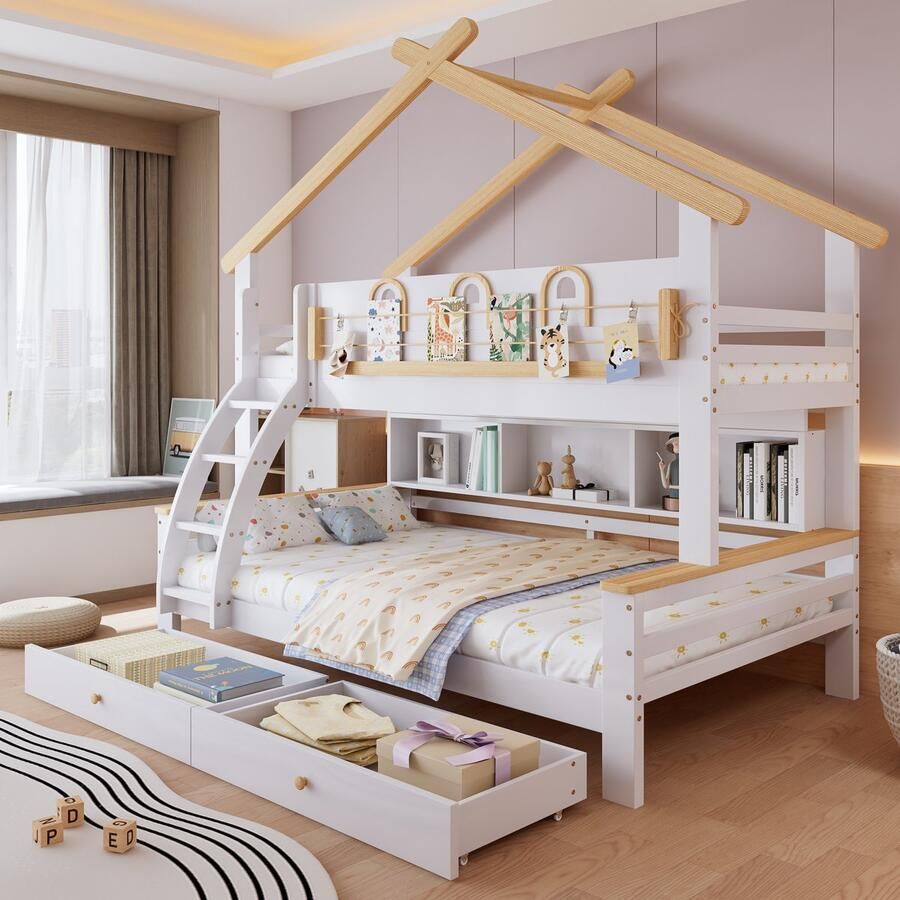 Merax Stapeldbed kinderbed met wieltjes lade decoratieve leuningen en dakontwerp wit 90x200 cm en 120x200 cm zonder matras