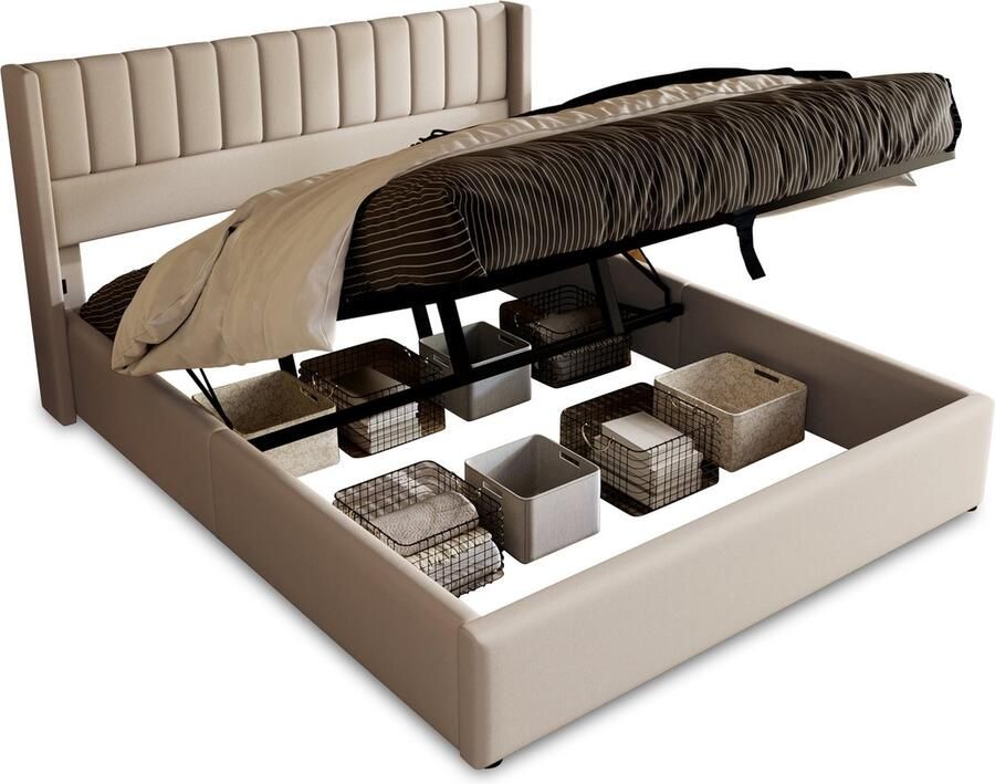 Merax Stauraumbed 140 x 200 cm – Hydraulisch Gestoffeerd Bed met Lattenbodem – Beige Leinen Stof – Met Opbergruimte onder het Bed - Foto 2