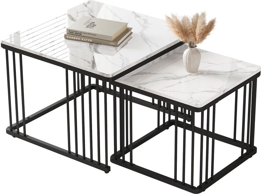 Merax Stijlvol 2-Delig Salontafel Set Vierkante Tafels 60x60x45 cm & 45x45x40 cm met Hoogglanzende Marmorlook