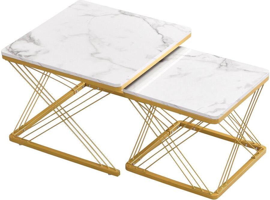 Merax Stijlvol 2-Delig Salontafel Set Vierkante Tafels in 60x60x45 cm & 45x45x40 cm met Hoogglanzende Marmorafwerking