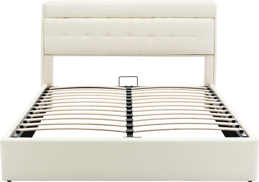 Merax Gestoffeerd Bed 140x200 cm met Hydraulisch Opslagsysteem Verborgen Opbergruimte in Hoofdbord PU Leren Bekleding Inclusief Lattenbodem Crèmewit (Exclusief Matras)