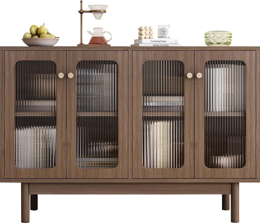 Merax Stijlvol Sideboard in Notenhout met Glasvitrine 4 Glazen Deuren met Verticale Strepen 120x40x82 cm