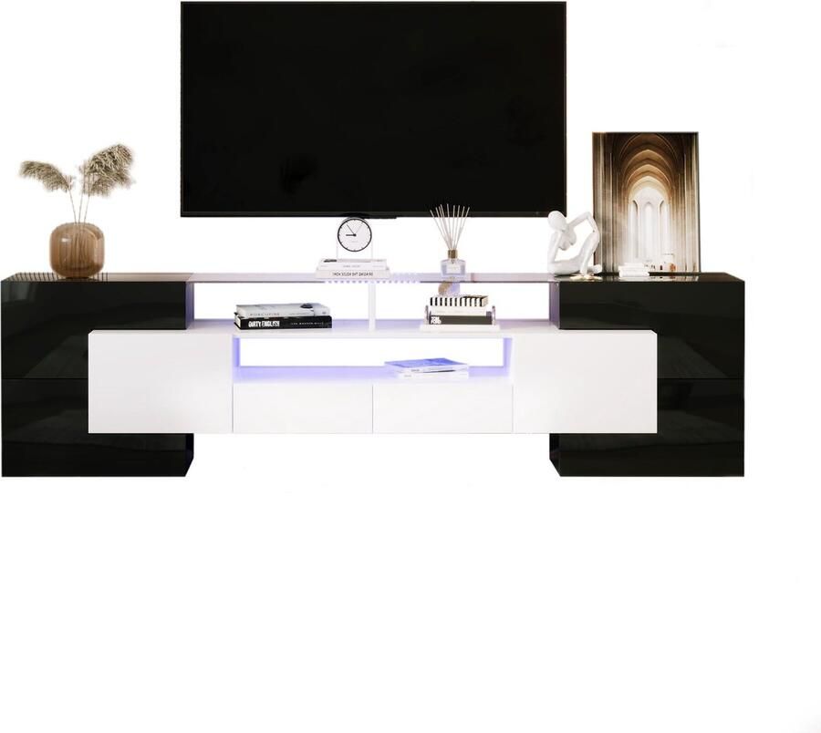 Merax Stijlvol TV Meubel – Hoogglans Wit en Zwart met LED Verlichting – Modern Ontwerp 200 cm