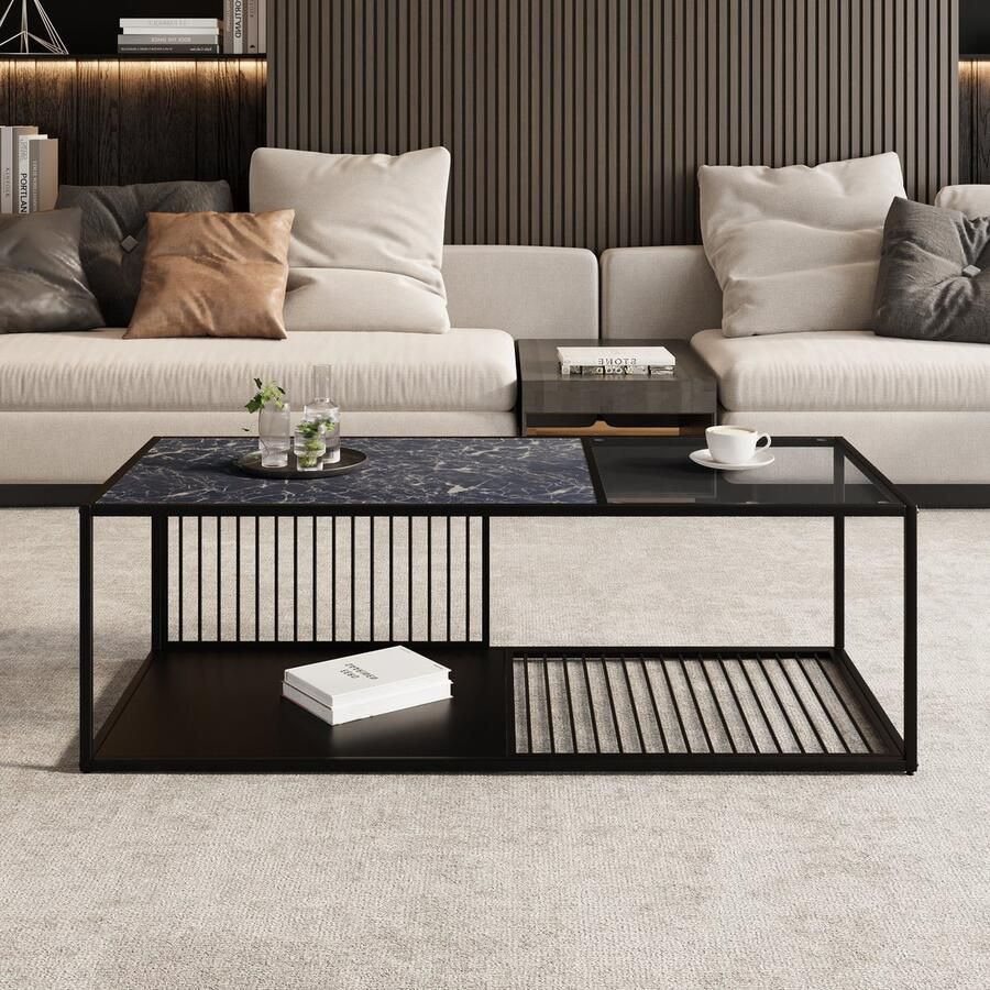 Merax Stijlvolle salontafel Smeedijzeren design met glas Grote opbergruimte Perfect voor de woonkamer (110x48x35 cm)