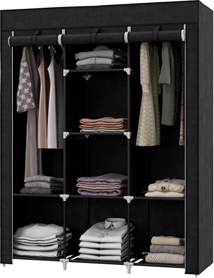 Merax Stoffen Kledingkast Met Kleerhangerstang 125x43x162 cm Lichtgrijs Vouwkast Met 8 Vakken Voor Slaapkamer Hal of Zolder