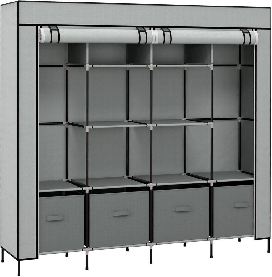 Merax Stoffen Kledingkast Met Kleiderstang En Lades Opvouwbare Kledingkast Met 10 Vakken En Stofhoes Donkergrijs Voor Slaapkamer Of Hal 166x42x169 Cm
