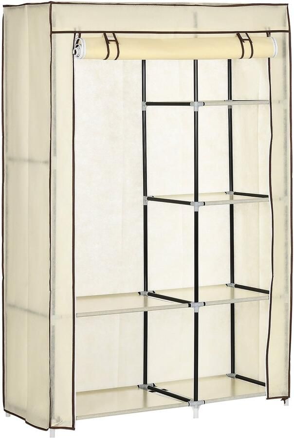 Merax Stoffen Kledingkast Opvouwbaar Met 2 Kleerhangers En 6 Vakken Crème 103x43x162 cm Lichtgewicht Garderobekast Voor Slaapkamer Of Hal