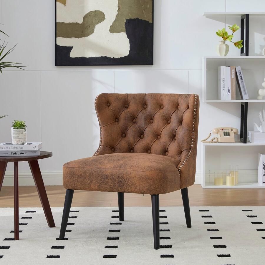 Merax Tech Stof Enkel Sofa Stoel Moderne Stoel Zonder Armleuningen Knopen Design met Nieten Afwerking Massief Houten Poten Comfortabele Fauteuil voor Woonkamer of Slaapkamer Koffiekleur