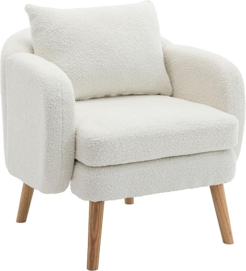 Merax Teddy Velvet Fauteuil – Comfortabele Loungestoel met Extra Dikke Zitting – Houten Poten – Inclusief Kussen – Wit