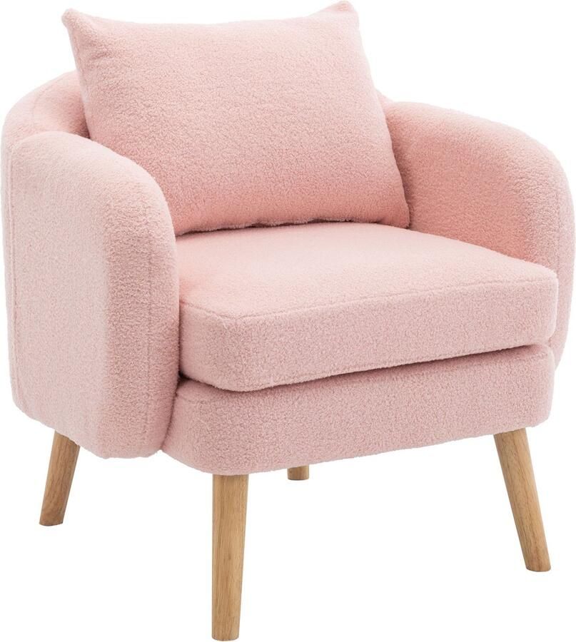 Merax Teddy Fauteuil – Roze – Bouclé Stoel met Extra Dik Zitkussen en Massief Houten Poten – Luxe Loungestoel – Accentstoel