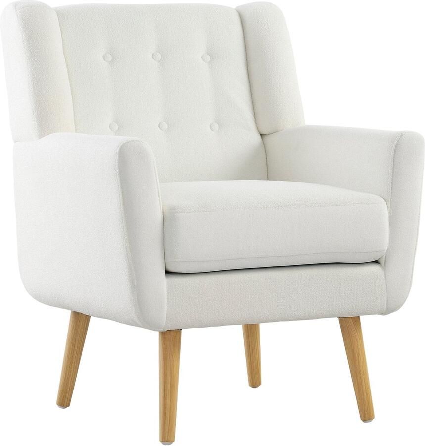 Merax Teddy Fleece Relaxfauteuil Wit – Gestoffeerde Oorfauteuil met Houten Poten en Knopenpatroon – Comfortabele Loungestoel voor Woonkamer of Slaapkamer