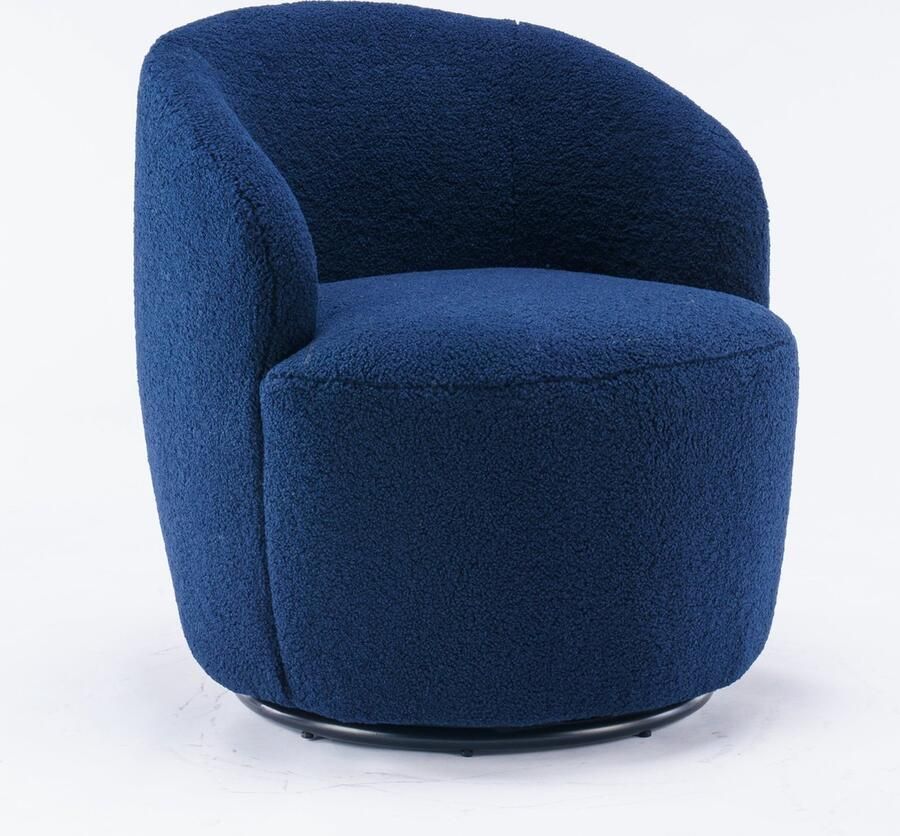 Merax Teddy Stof Draai Accentstoel – Blauwe Barrel Stoel met Zwart Gepoedercoat Metalen Ring