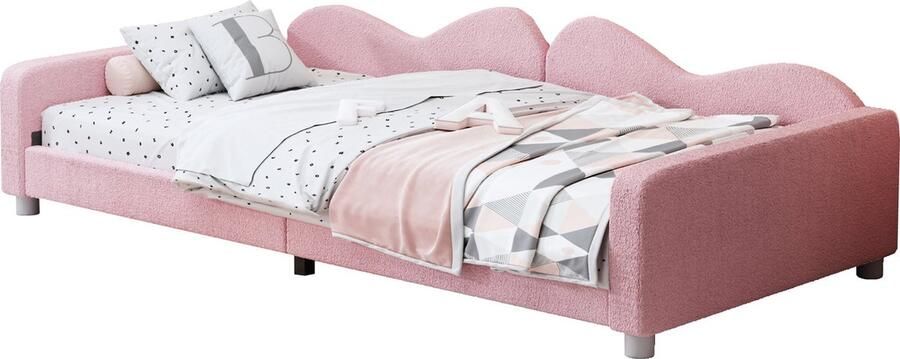 Merax Teddy Stof Gestoffeerd Kinderbed 90x200 cm Bed voor Kinderen Slaapbank Bedbank Roze