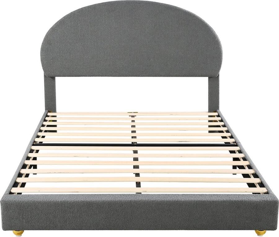 Merax Teddy Stof Gestoffeerd Tweepersoonsbed 140x200 cm Bed met Boogvormig Hoofdbord en Lattenbodem Grijs