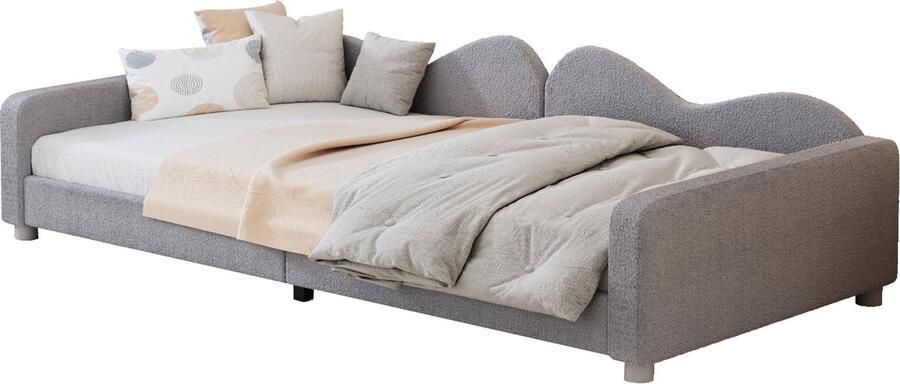 Merax Teddy Stof Kinderbed 90x200 cm Gestoffeerd Sofa Bed Multifunctioneel Slaapbank met Rugleuning en Armleuningen Logeerbed Grijs