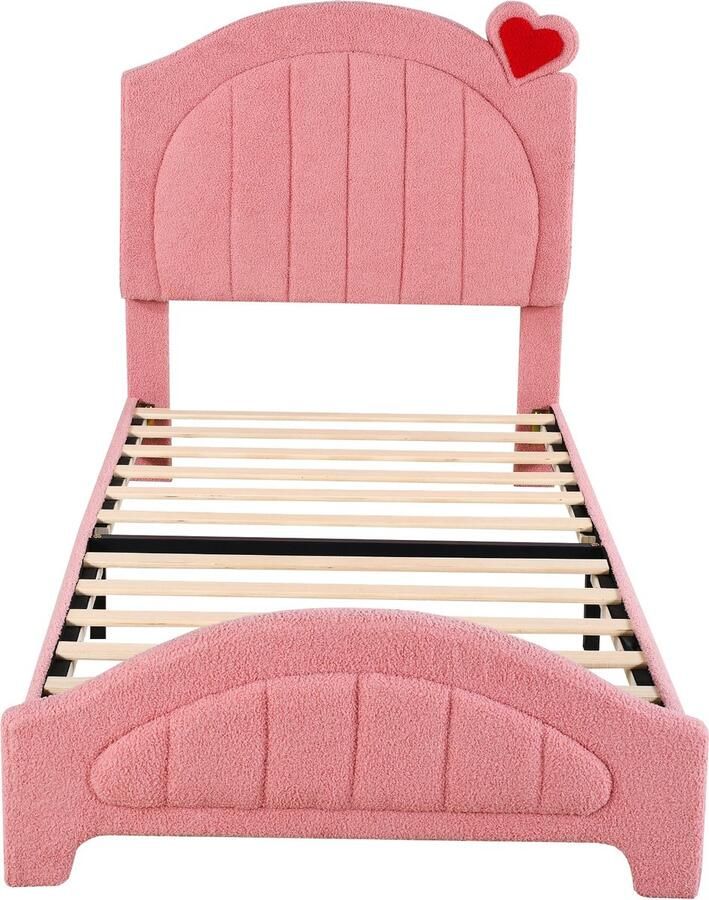 Merax Teddy Stof Kinderbed in Hartjesvorm Gestoffeerd Eenpersoonsbed met Verstelbaar Hoofdbord Roze