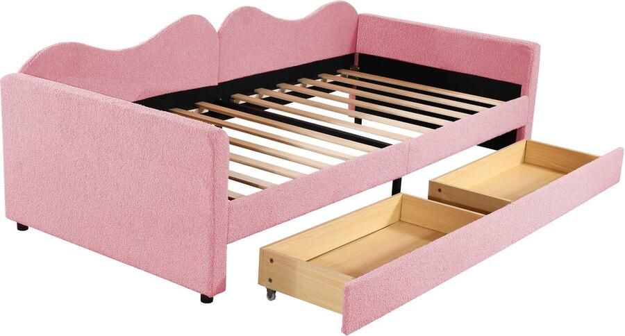 Merax Teddy Stof Slaapbank 90x200 cm Gestoffeerd Eenpersoonsbed Kinderbed met 2 Lades Roze