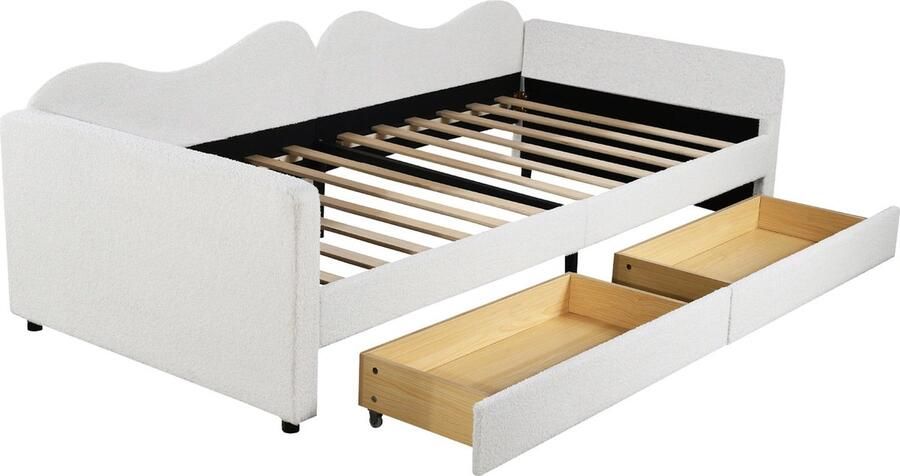Merax Teddy Stof Slaapbank 90x200 cm met Opberglades Eenpersoonsbed met 2 Lades Gestoffeerd Bed met Rug- en Armleuningen Wit