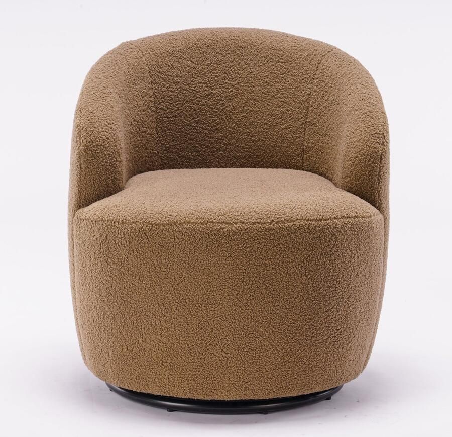 Merax Teddy Stoffen Draaibare Fauteuil Bruine Accentstoel met Zwart Gepoedercoat Metalen Onderstel