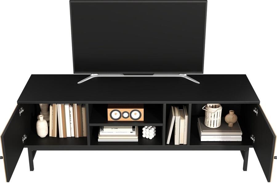 Merax TV-Kast 150 cm – Zwart en Houtlook Design met Opbergruimtes Incl Kasten Horizontale en Verticale Vakken Modern Minimalistisch