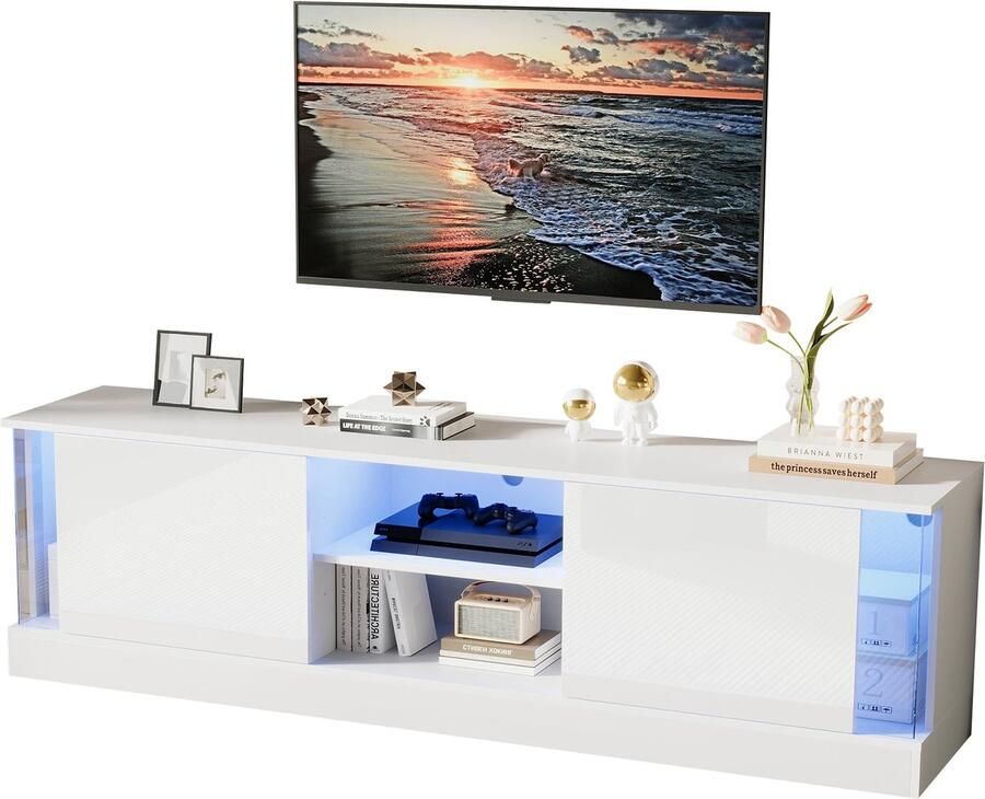 Merax TV-Kast Hoogglans Wit – Geschikt voor TV tot 70 Inch – LED Opbergkast met App-Bediening – Centrale Lade en Verstelbare Deuren – Moderne TV-Meubel voor Woonkamer