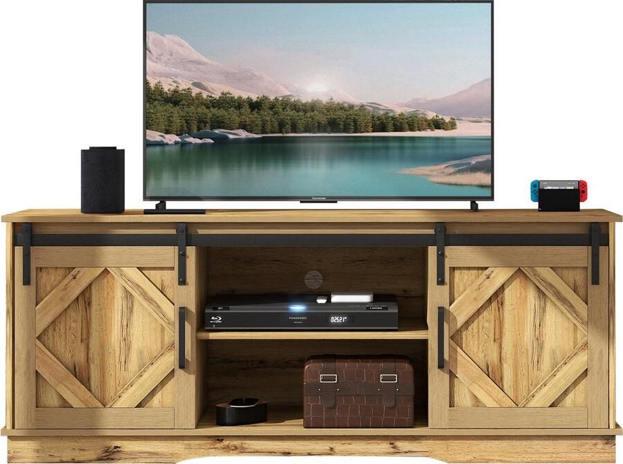 Merax Großer TV-Schrank TV Stand Sideboard Entertainment Center mit 2 klassischen Schiebetüren Einstellbare Regale für Wohnzimmer Esszimmer Landhaus Modernes Design 150*40*60cm vintage Braun - Foto 2