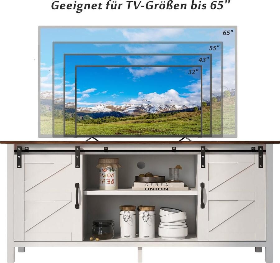 Merax TV-Meubel 120x40x60.5 cm – Wit Bruin TV-Kast met Schuifdeuren en Verstelbare Planken Geschikt voor TV s tot 55 inch Landelijk en Modern Design