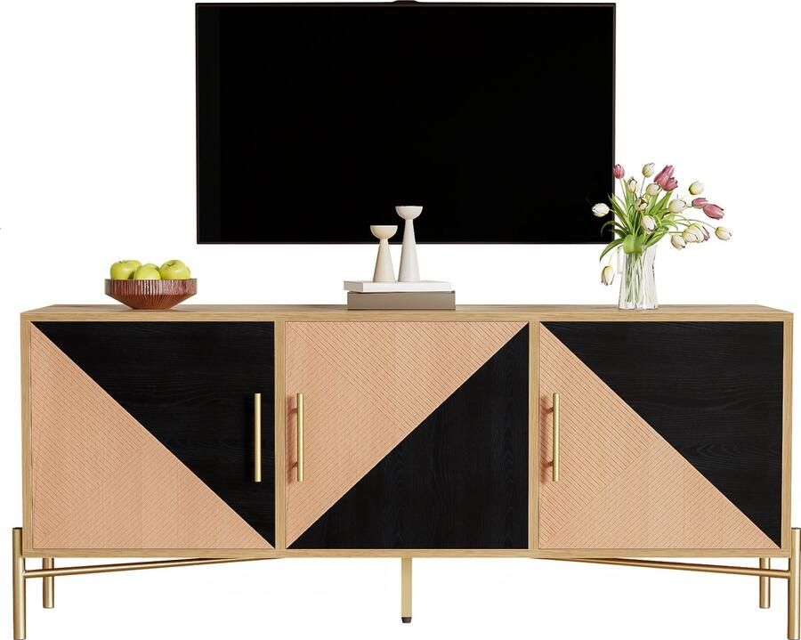 Merax TV-meubel 123 5 cm – Bruine en zwarte houtlook gouden accenten 3 deuren met opbergruimte