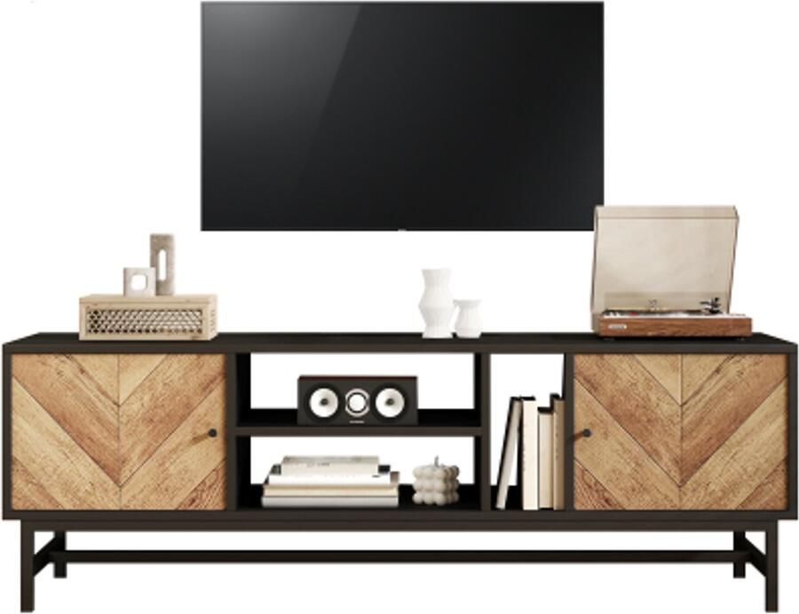 Merax TV-Kast 150 cm – Zwart en Houtlook Design met Opbergruimtes Incl Kasten Horizontale en Verticale Vakken Modern Minimalistisch - Foto 2