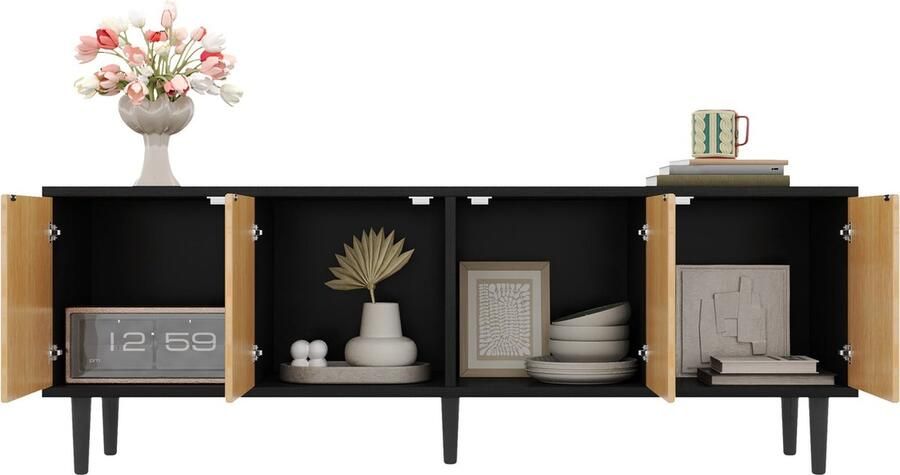 Merax Moderne Zwarte TV-Kast 150 cm – Laag Lowboard van Bambus met Opbergruimte en Unieke Design