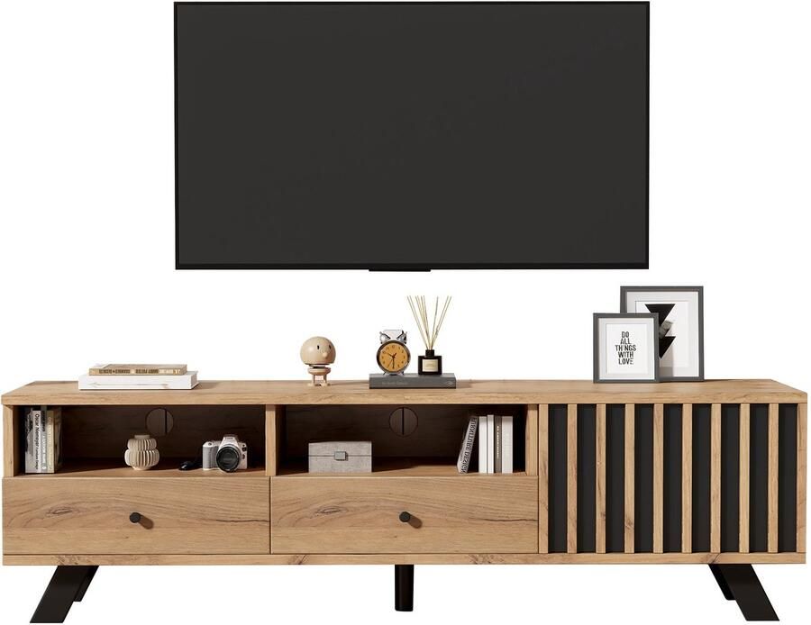 Merax TV-Meubel 150 x 38 x 44 cm – Houten TV-Kast met 2 Lades en 1 Deur – Lowboard voor 60 inch TV – Moderne Woonkamerkast in Houtkleur en Zwart