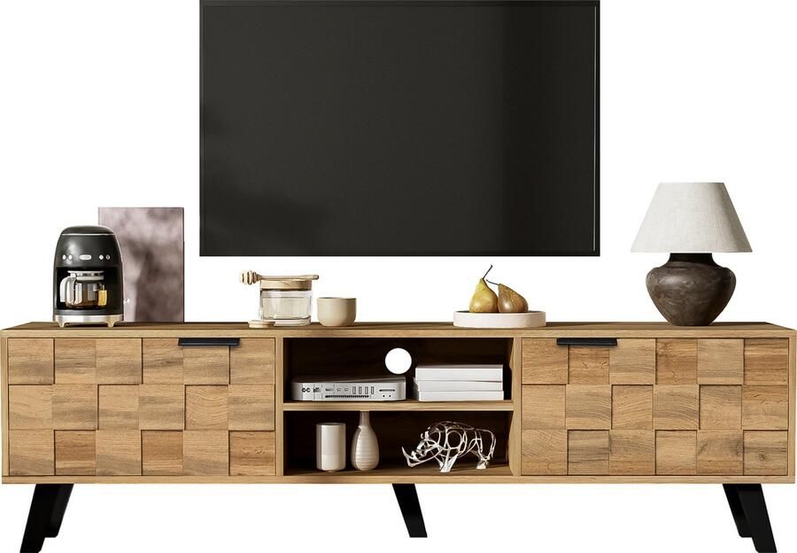 Merax TV-meubel 160 5 cm – TV-kast met 2 Soft-close Deuren en 2 open vakken – Houtlook Bruin met Zwart