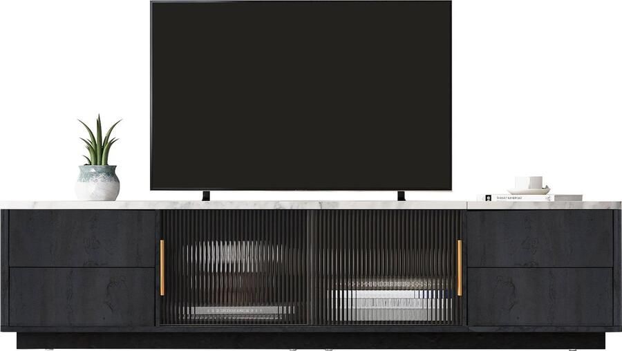 Merax TV Meubel 160 cm – Geschikt voor 70 Inch TV – Grijs met Wit Marmerlook Blad – 4 Lades en 2 Glazen Deuren – Modern Design - Foto 2