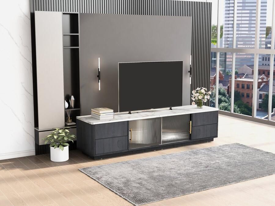 Merax TV Meubel 160 cm – Geschikt voor 70 Inch TV – Grijs met Wit Marmerlook Blad – 4 Lades en 2 Glazen Deuren – Modern Design