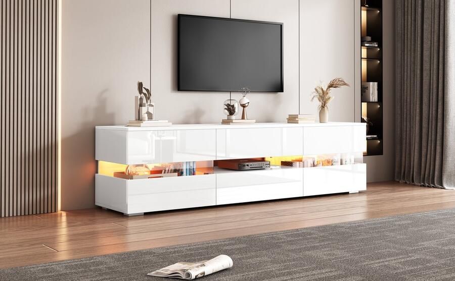 Merax Moderne TV-Meubel met Hoogglans Wit LED-Verlichting Acryl Glas en Drukopening Geschikt voor 70 inch TV 160x39x45 cm