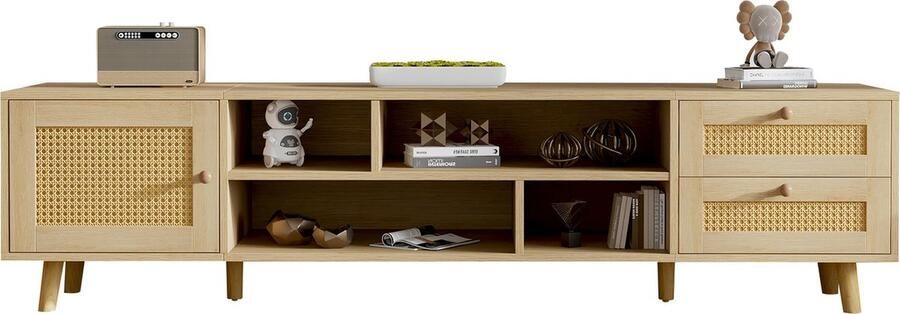 Merax TV-meubel 160 cm Houtkleur met Rattan Geschikt voor 70-inch TV Kabelmanagement 2 Lades 1 Deur