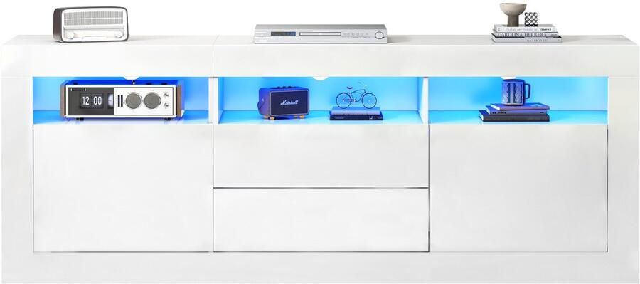 Merax TV-meubel 160x35x60 cm – Hoogglans Afwerking met LED-Verlichting 3 Open Vakken 2 Deuren & 2 Lades App-besturing via Bluetooth Geschikt voor 70 inch TV Wit