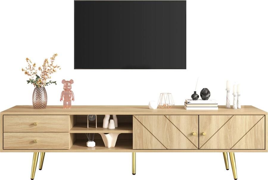 Merax Tv-meubel 160 cm Modern Houten Ontwerp met Gouden Poten Twee Lades en Unieke Geribbelde Deuren