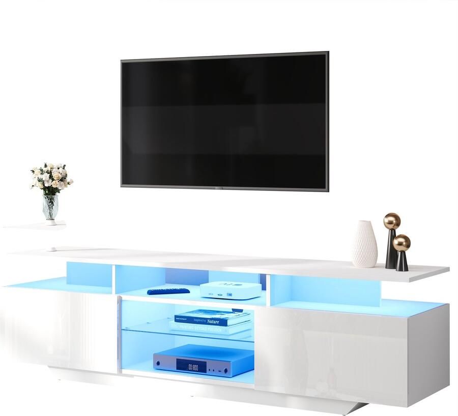 Merax TV-Meubel 160 x 40 x 45 cm – Wit Hoogglans TV-Kast met LED Verlichting en Glazen Planken – Moderne TV-Kast met 2 Deuren en 8 Opbergvakken – Geschikt voor TV s tot 70 inch