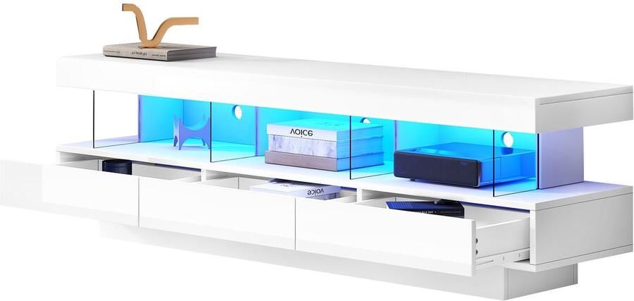 Merax 160*38*50.5cm weißer Hochglanz-TV-Schrank mit 3 Glasfächern LED-Beleuchtung App-Steuerung Bluetooth-verbunden für 70-Zoll-TV Hochglanz mit Glas-TV-Ständer Smart TV-Schrank - Foto 2