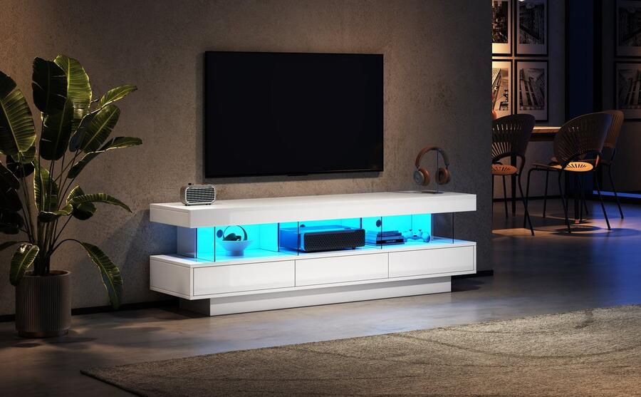 Merax 160*38*50.5cm weißer Hochglanz-TV-Schrank mit 3 Glasfächern LED-Beleuchtung App-Steuerung Bluetooth-verbunden für 70-Zoll-TV Hochglanz mit Glas-TV-Ständer Smart TV-Schrank