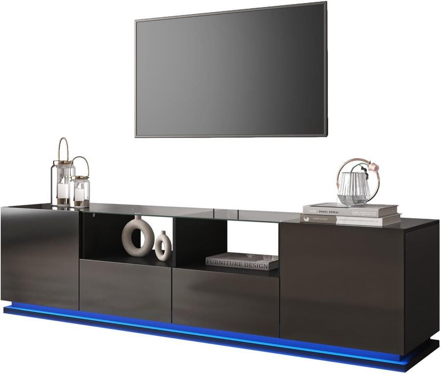 Merax TV-meubel hoogglans zwart – 165 cm breed met glasplanken 2 deuren 2 lades en LED-verlichting in 16 kleuren