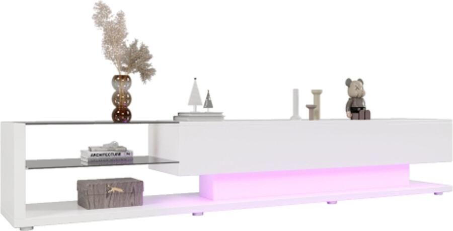 Merax TV Meubel 170 cm – Hoogglans Wit – Kast met LED Verlichting – 2 Lades en 2 Glasplanken – Geschikt voor 50-59 inch TV