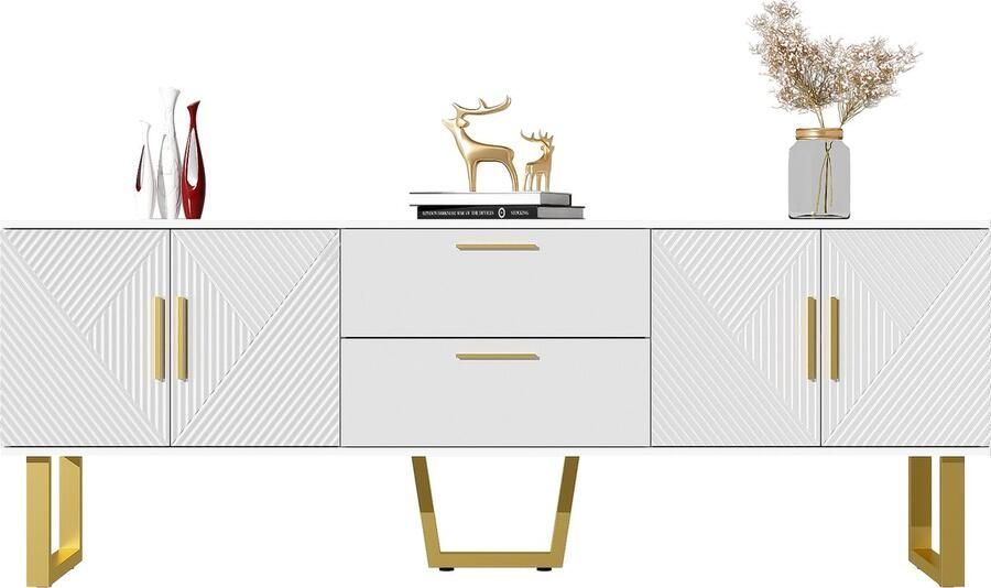 Merax TV-meubel 170 cm Hoogglans Wit – Met 4 Deuren 2 Lades en Goudkleurige Details