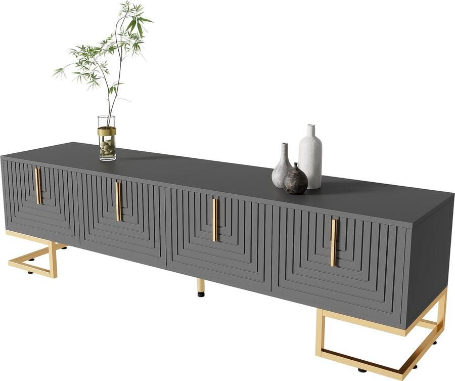 Merax TV-meubel Lowboard met gestructureerde deuren lades gouden handgrepen en poten Geschikt voor TV's tot 79 inch